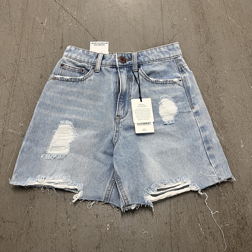 High-Waist Distressed Denim Shorts - Light Blue